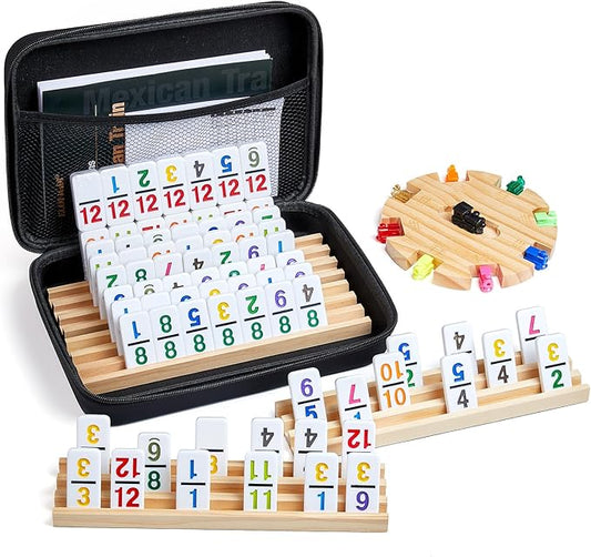 ELONGDI Mexican Train Dominoes Set with 4 Wooden Trays/Racks and Portable Carrying Case,Travel Colorful Double 12 Dominoes - 91 Numbered Tiles,for Kids and Adults
