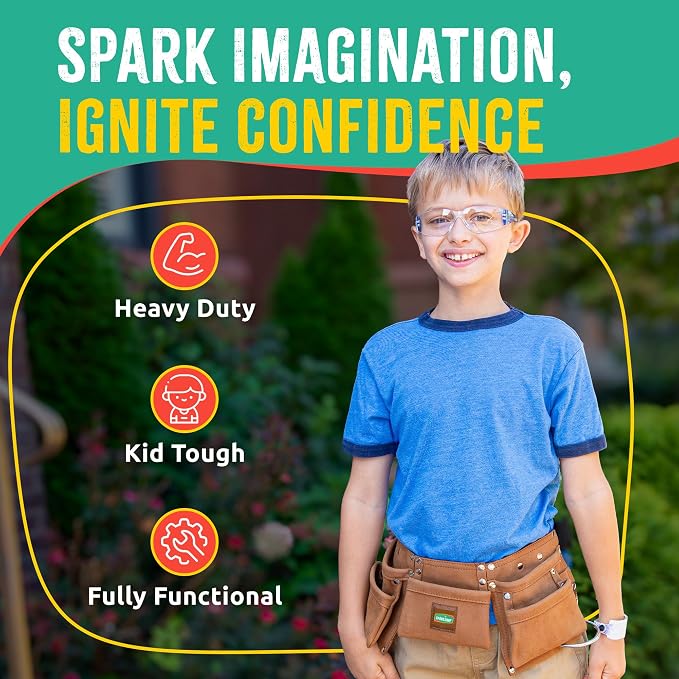 SparkJump Kids Brown Tool Belt, Adjustable Tool Belt for Toddlers and Kids, Dress-Up Construction Costume for DIY Woodworking and STEM Learning
