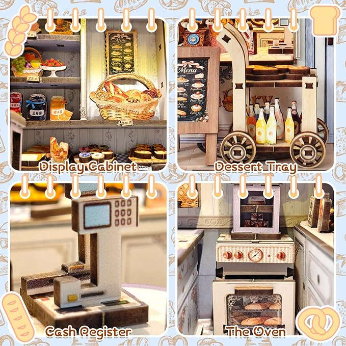 DIY Miniature House Kit, Bakery Book Nook Kit, 3D Wooden Puzzles Bookshelf Craft Kits, Dollhouse Kit with LED Light, Mini Building Kit for Adults Teen to Build(Bakery Shop)