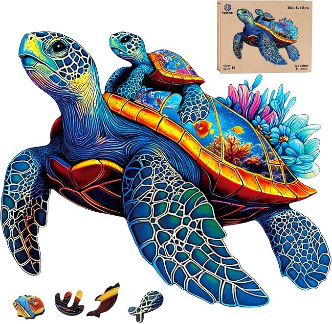 Wooden Jigsaw Puzzles for Adults Teens Kids, Parent & Baby Sea Turtle Wood Puzzle, Wooden Puzzles for Adults, Unique Animal Shaped Puzzle, Fun Challenging Family Games, 200pcs 11.5" x 9.7"