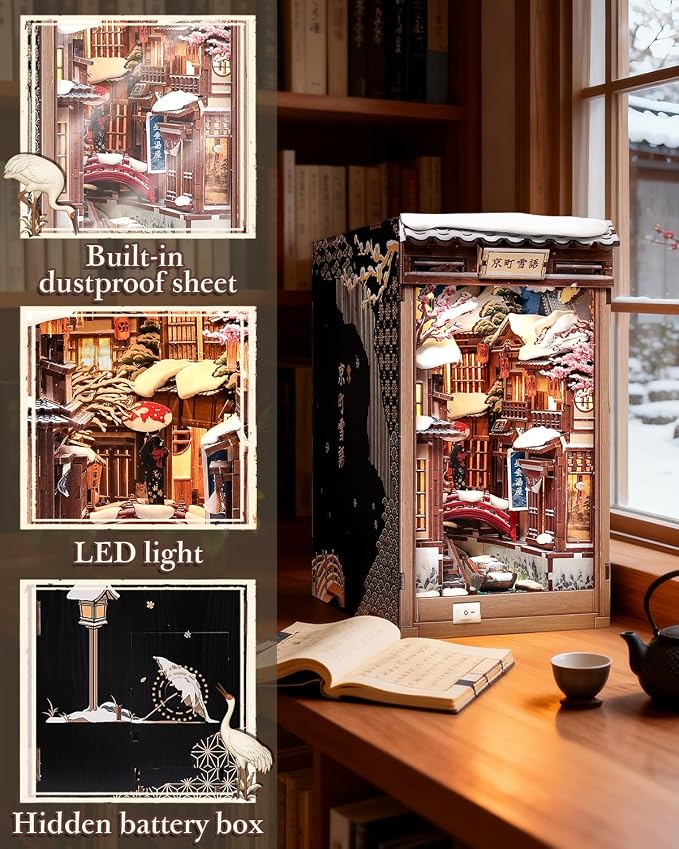CUTEBEE Book Nook Kit - Japanese Style DIY Miniature Winter House, LED Light Bookshelf Decor Alley Dollhouse for Adults Teens, Gifts for Family (Kyoto Snow Whisper)