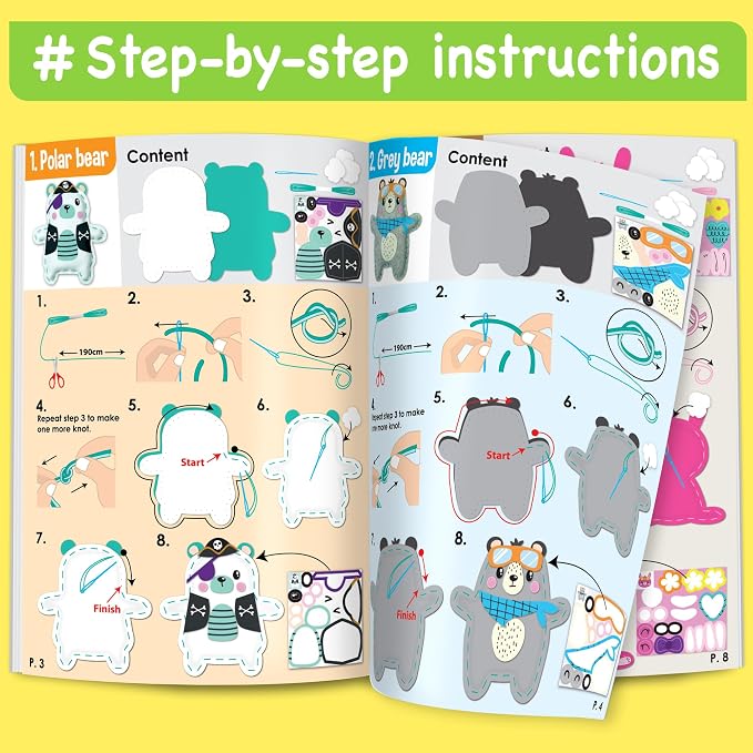 EZCRA Bear & Animal Sewing Kit for Kids Ages 4-8 - 4 Beginner Felt Craft Projects - No-Mess Arts & Crafts for Boys and Girls - Gift for Kids