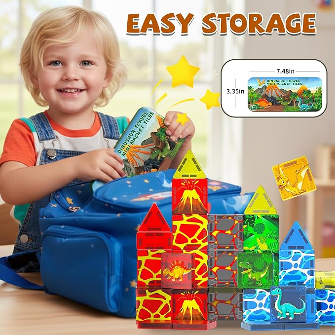 SKTMYY Mini Magnetic Tiles,Dinosaur Themed Travel Magnetic Tiles Set with Iron Box for Kids Ages 3+,Car Airplane Travel Essential,Educational Preschool Toys,Birthday Gifts