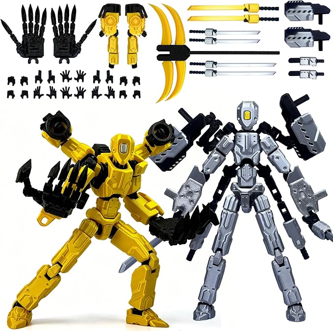 T13 Assembly Completed Action Figure Set, Multi-Jointed Movable 3D Printed Robot Toy, Cool Desktop Decoration Collectible Gift for Game Lovers (Gold and Gery)