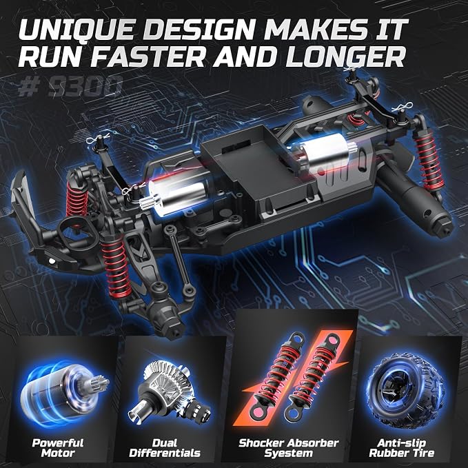 DEERC 9300E Remote Control Car High Speed RC Cars for Kids Adults 1:16 Scale 40 KM/H 4WD Off Road Monster Trucks,2.4GHz All Terrain Toy Trucks with 2 Rechargeable Battery