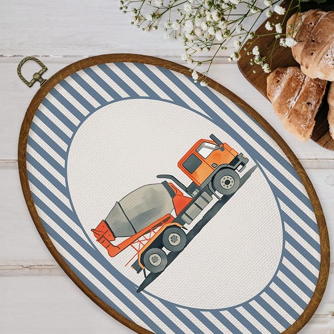 WULQYING Boy Nursery Mixer Truck Wall Art Decor, Boys Room Oval Framed Canvas Art Prints, Blue Striped Construction Vehicle Wall Hanging Decor for Kids Boys Room Bedroom Playroom, 8.6x11.4 Inches