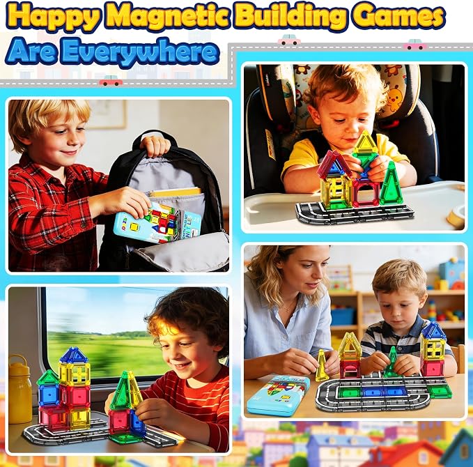 ORZbb Mini Magnetic Tiles Road with Case Toddler Travel Toys Trip Essentials Set, Magnetic Building Blocks Toys for 3 4 5+ Year Old Boys Girls Montessori Sensory Learning Easter Birthday Gifts