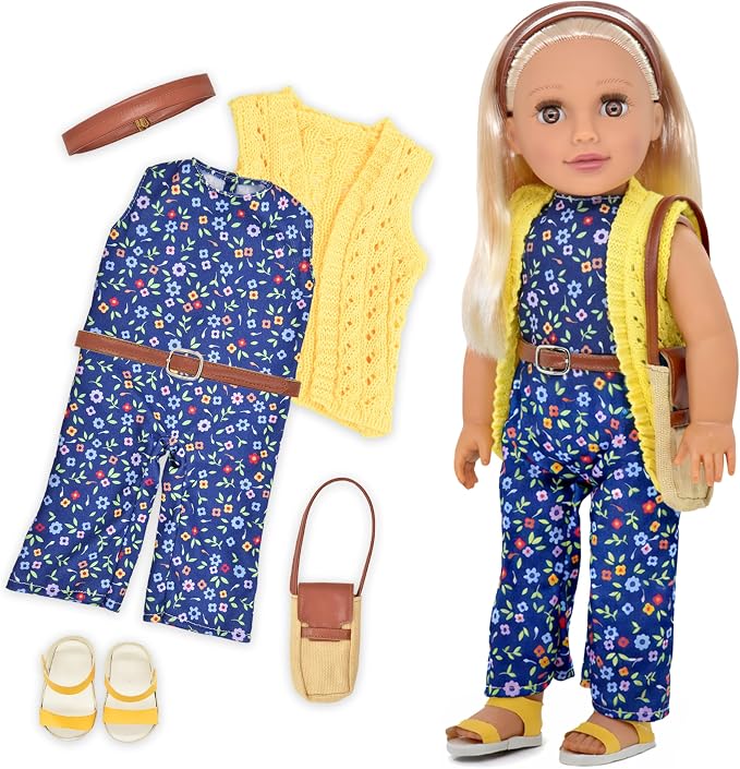 Dolls To Play 18 Inch Girl Doll, Fashion Doll with Fine Blonde Long Straight Hair for Styling, Blue Eyes, Jumpsuit, Knit Sweater, Sandals, Handbag, Clothes and Accessories Princess Doll for Kids
