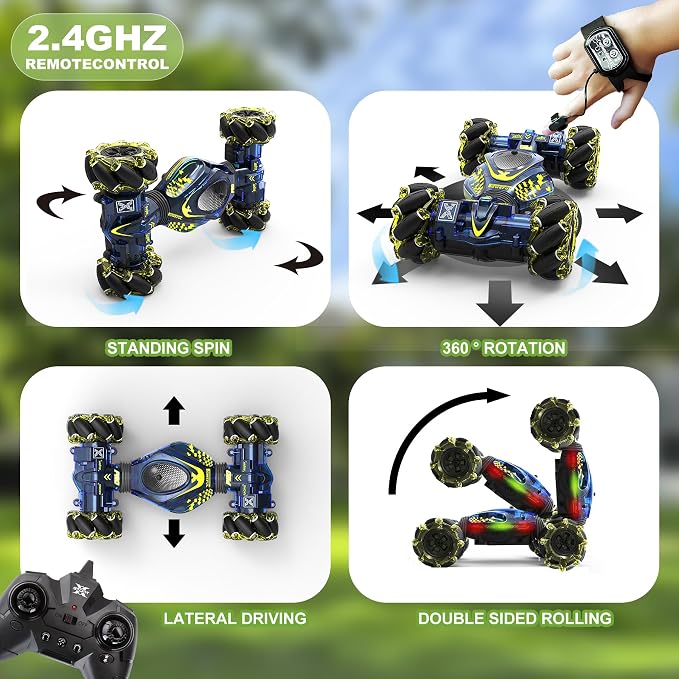 Gesture RC Car,1:24 4WD Transform Off-Road Stunt Car with Gesture & Remote Control, 360° Flips Drift Vehicle with LED Lights Music, All Terrain Toy Cars Gifts for Boys Girls Age 6-12