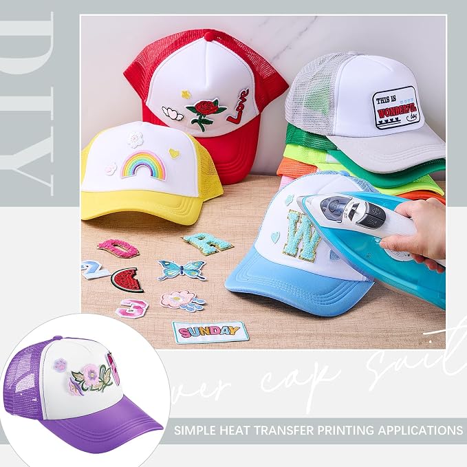Hercicy 12 Pack DIY Trucker Hats Kit, Sublimation Blank Baseball Caps with 120 pcs Embroidered Patches DIY Craft for Party (Classic,Colorful)