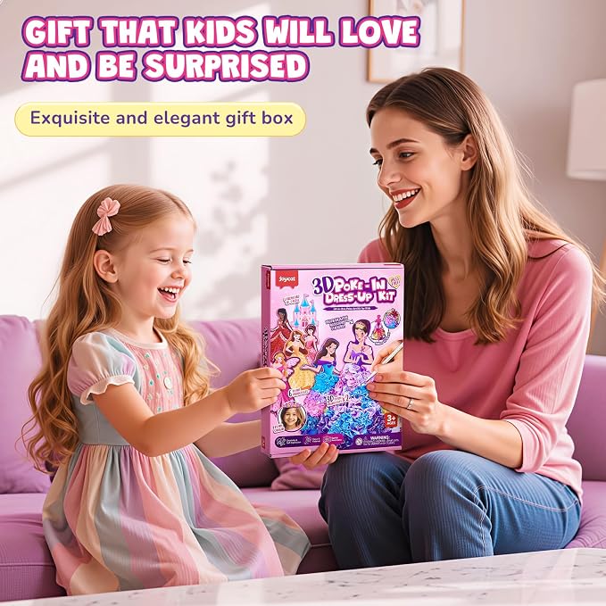 Poke-in Craft Kit for Girls, 3D Castle Princess Dress Up DIY Set with Fairy Tale Castle Scene, Paper Craft Kits, Mess-Free Creative Activity, Arts and Crafts & Birthday Gift for Girls Age 4-8 Year Old