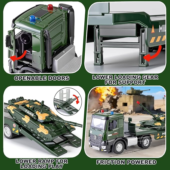 HAPYAD Green Military Big Truck Set Metal Cab, Semi Truck with Trailer, Tank, Missile Tank, Die-cast Army Vehicles Toys with Lights & Sounds, Ideal Gift for 3 4 5 6 7 Years Old Boys Kids Toddlers