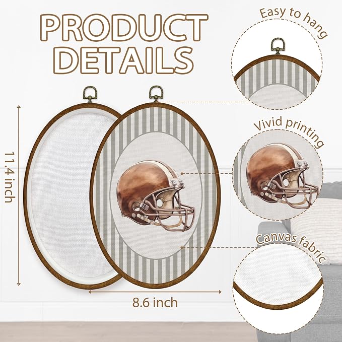 WULQYING Helmet Sports Nursery Wall Art Decor, Boys Room Oval Framed Canvas Art Prints, Neutral Striped Sport Lover Gift Wall Hanging Decor for Kids Nursery Room Playroom, 8.5x11.3 Inches