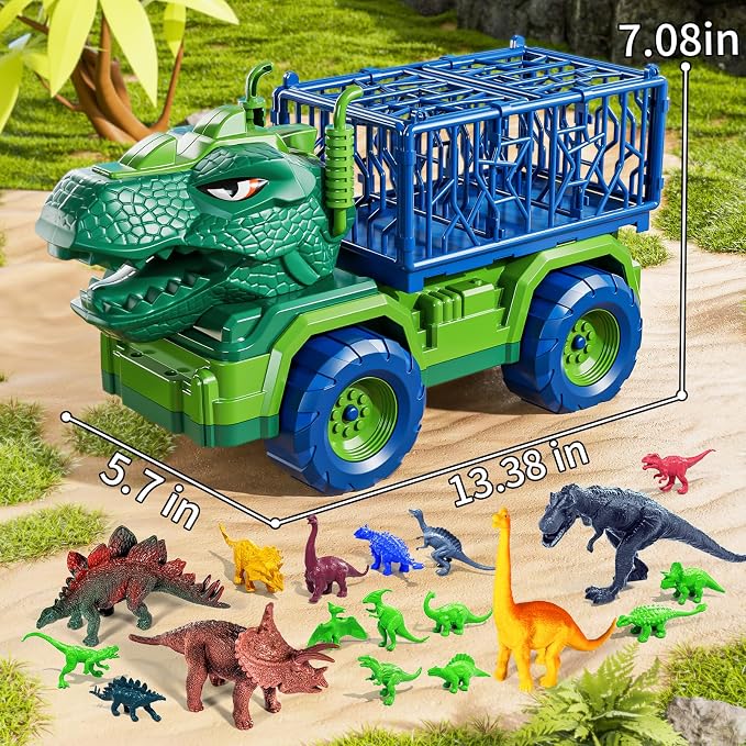 22 in 1 Toddler T-rex Dinosaur Truck Toy Set for Kids Boys 3-5 5-7, Tyrannosaurus Carrier Transport Truck with 18 Jurassic Dino Figures Birthday Toy for Boys Girls 3 4 5 6 7 Years Old