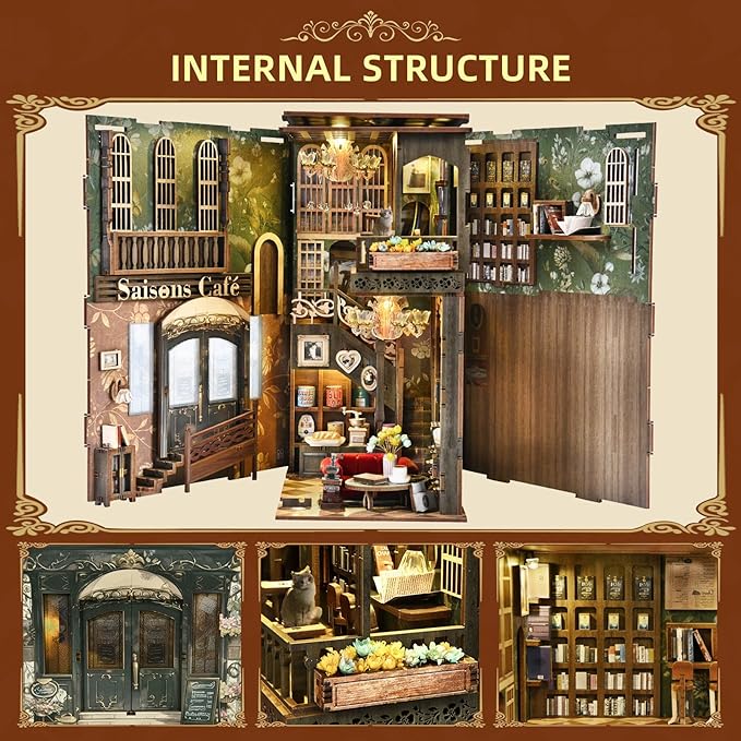 CCCDF Book Nook Kit - DIY Miniature House Coffee Shop Dollhouse Kit for Adults and Teens, 3D Wooden Puzzle Booknook Tiny House Bookshelf Decor, Gifts for Family, Friends (Saison Café)