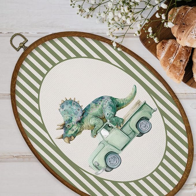 WULQYING Vintage Truck Dinosaur Nursery Wall Art Decor, Kids Room Oval Framed Canvas Art Prints, Green Striped Dino Truck Wall Hanging Decor for Kid Boy Toddler Room Bedroom Playroom, 8.6x11.4 Inches