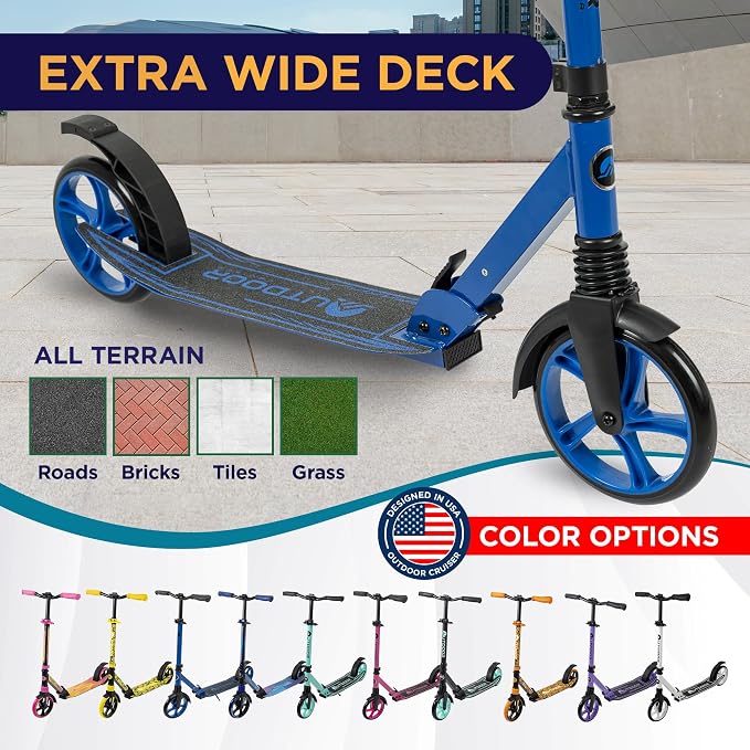Outdoor Cruiser Kick Scooter for Ages 6+, for Kids, Teens, and Adults, Max Load 250 LBS, Foldable, 8-inch Wheels for Kids and Adults, Dual Suspension, 3 Adjustable Levels, Child Safety Approved, Blue