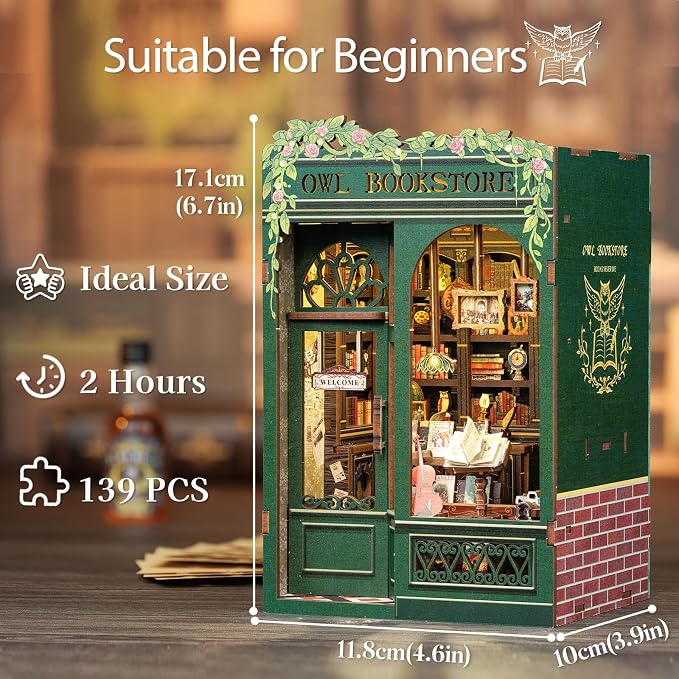 Cutefun Book Nook Kit - DIY Miniature Dollhouse Kit for Adults, Teens and Beginners, Tiny House Bookshelf Decor 3D Wooden Puzzles, Best Birthday and Valentine's Day Gifts (Owl Bookstore)