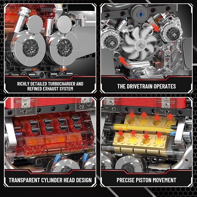 Mould King W16 Engine Building Blocks Set, 10163 Combustion Engine Model that Runs, Mini Engine Build Kit for Adults with Battery and Motor, Engineering Construction STEM Toy (952 Pcs)