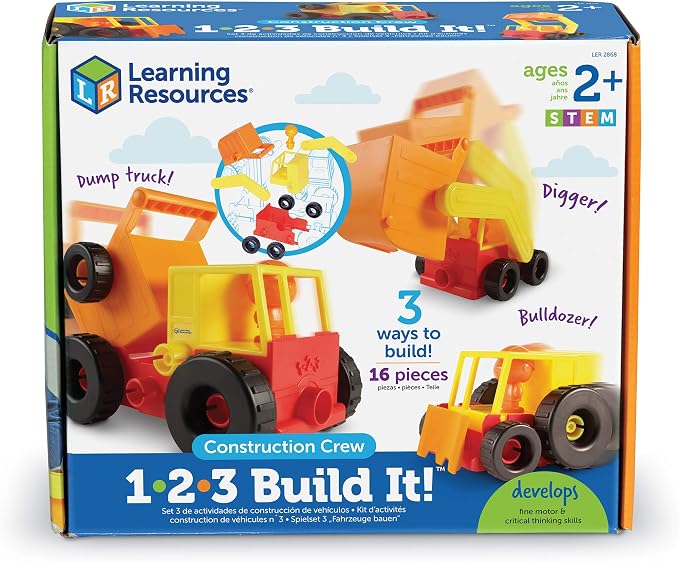 Learning Resources 1-2-3 Build It Construction Crew - Take Apart Construction Toys, Toddler Excavator Toy, Kids Dump Truck Toy, Tractor Toys for Kids 3-5, Building Sets for 4 Year Olds
