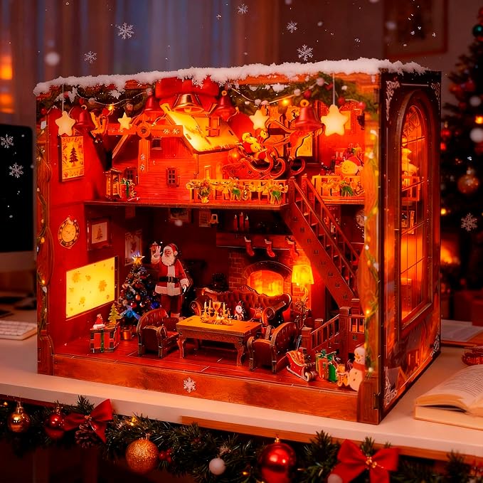 DIY Miniature House, LED Lighting Book Nook Kit Dollhouse Kit,Music Box Dollhouse, 3D Wooden Puzzle with Dust Cover,Gifts for Family, Friends,Christmas(Christmas Carnival)
