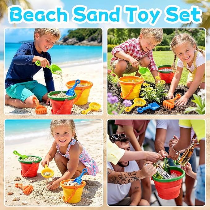 Collapsible Beach Toys for Kids, 2 Packs Foldable Silicone Sand Buckets Set with 4 Packs Sand shovels and Mesh Bag, Travel Beach Essentials for Sandbox, Pool, Camping,Fishing, Summer Party Favors