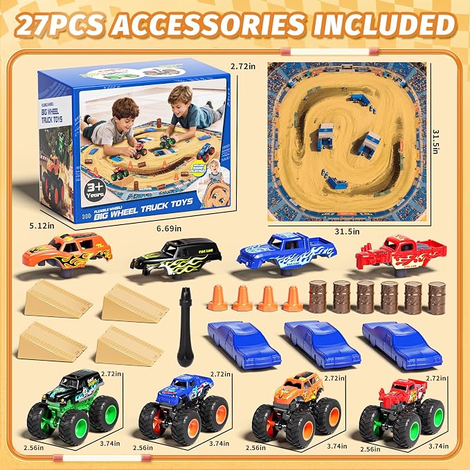 27pcs Monster Truck Playset with Arena Playmat, 1:64 Mini Toy Trucks with Interchangeable Car Shells, Ramps & Barrels, DIY Racing Game Birthday Gifts for Boys Kids Age 3 4 5 6 7 8 Year Old