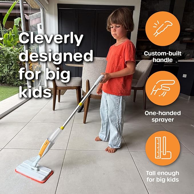 Quiggly Big Kid Toy Spray Mop - Montessori Real Water Sprayer, Ages 5-8 | One-hand squeeze & spray, make pretend cleaning chores functional