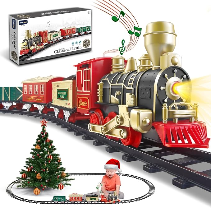 Classic Electric Train Set for Toddlers 3-8 – Battery Operated Push-Button Train with Lights & Sounds, No Remote, Ready-to-Play Locomotive + Snap Tracks