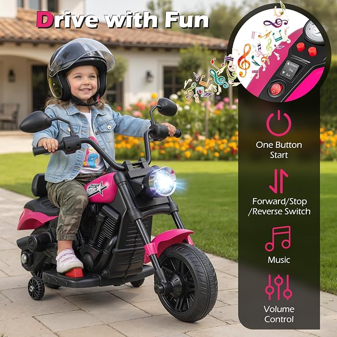 Costzon Kids Motorcycle, 6V Chopper Motorbike Ride on Toy with Headlight, Music, Training Wheels, Electric Toddler Motorcycle for Kids Boys Girls, Gift (Pink, 31" x 23" x 22"(L x W x H))