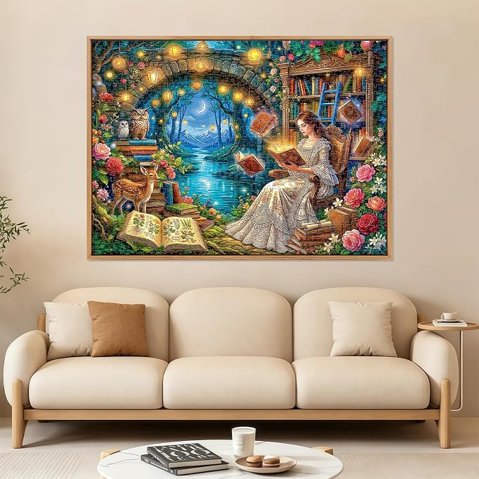 1000 Piece Puzzle for Adults, Magic Fairy Reading Jigsaw Puzzles for Adults 1000 Pieces, Fun Challenging Family Puzzle with Letters on Back, Moonlit Reading Fairy Flower Puzzles for Adults