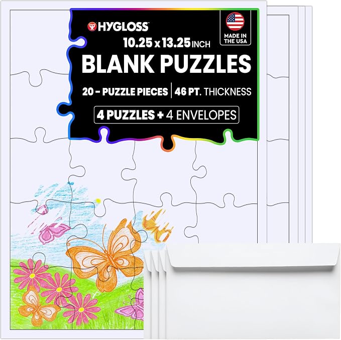 Hyglos 4 Blank Jigsaw Puzzles with Envelopes – 10.25 x 13.25 Inch, 20 Pieces Each – DYI Party invites, Perfect for Decorating, Kids' Activities, Arts & Crafts or Party Favors