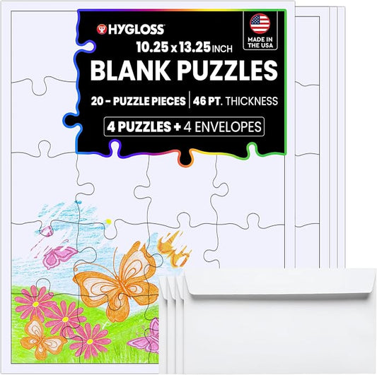 Hyglos 4 Blank Jigsaw Puzzles with Envelopes – 10.25 x 13.25 Inch, 20 Pieces Each – DYI Party invites, Perfect for Decorating, Kids' Activities, Arts & Crafts or Party Favors