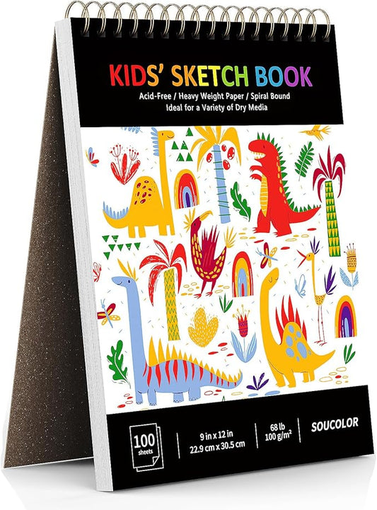 Soucolor Sketch Book for Kids, 9" x 12" Kids Sketchbook | 100 Sheets |Acid-Free Drawing Paper |Spiral bound| Lightweight fine-texture matte