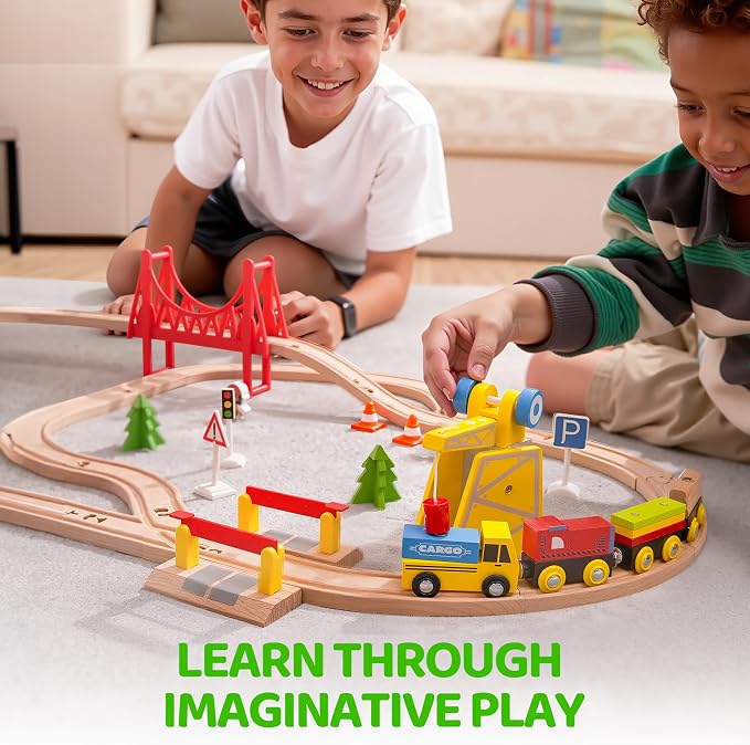 60PCS Wooden Train Set - Toy Magnetic Trains with Wooden Track Set for Kids Ages 3-8, Construction Crane Railway Set, Perfect Easter Birthday Gift for Grandkids Toddlers Boys Girls