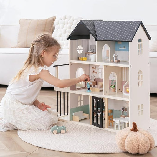 Wooden Dollhouse for Kids, 6-Room Modern Style Toy Doll House Playset with 26 Furniture & Functional Doors, 1:12 Scale Open Plan Dollhouse Designed for 4-6 Inch Dolls, STEM Creative Gift for Ages 3+