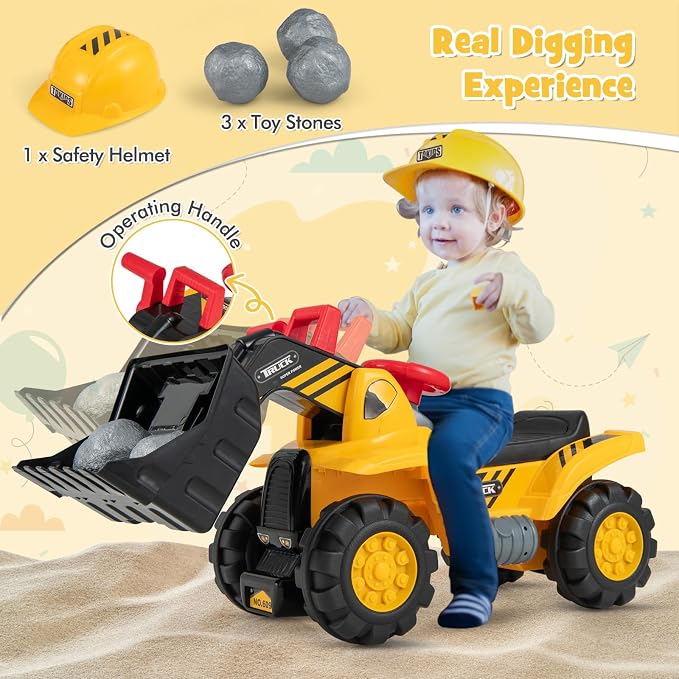 HONEY JOY Ride on Excavator, No Power Ride on Construction Vehicles for Kids, Helmet, 3 Toy Rocks, Adjustable Bucket, Horn, Ride On Loader, Bulldozer Ride on Toy, Gift for Boys Girls