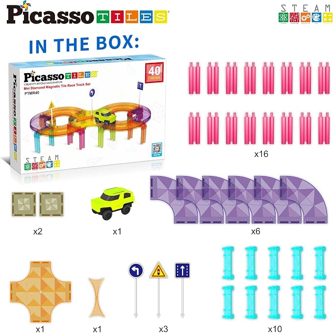PicassoTiles Race Car Track Magnetic Tiles Travel Toy Sensory Magnet Tile Toys for Toddlers STEM Educational Learning Montessori Play Construction Building Blocks Kids Boys Girls Ages 3+ PTMR40