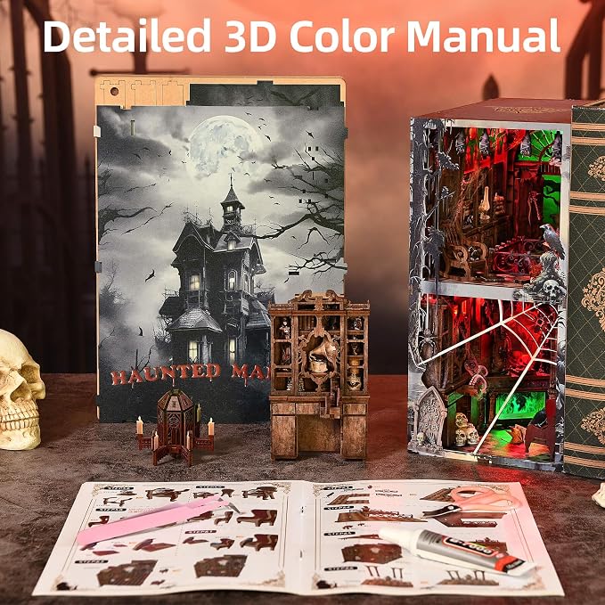 fifijoy Haunted House Halloween Book Nook Kit, Spooky Shelf Insert Bookshelf Diorama Horror Art Miniature Decor, Creepy Scary Wooden Puzzle Booknook (Haunted Mansion)