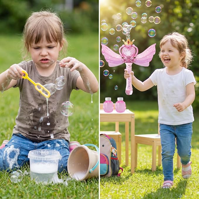 Princess Bubble Wand for Girls 3-12, Large Light Up Bubble Machine with Music, Detachable Sparkly Wings, Handheld Bubble Maker, Birthday Gift for Toddler Kids, Pink (Batteries Not Included)