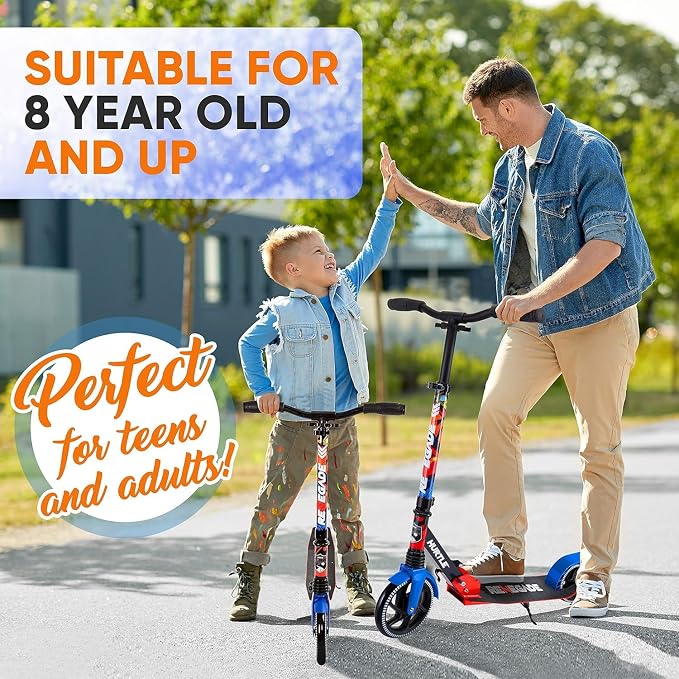 Hurtle Renegade Kick Scooter for Kids, Teenagers & Adults - 2-Wheel Folding Scooter with Adjustable T-Bar Handlebar - Alloy Anti-Slip Deck