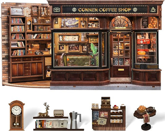 CUTEBEE Book Nook Kit - DIY Miniature House Coffee Shop Dollhouse Kit for Adults, Booknook Tiny House Bookshelf Decor 3D Wooden Puzzle, Gifts for Family, Friends (Corner Coffee Shop)