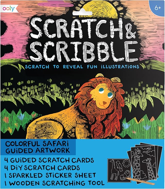 Ooly Scratch & Scribble Travel Crafts for Kids – 1pc Art Kit, Portable Car & Airplane Activity, 8 Scratch Cards + Wooden Stylus + Stickers, Ages 6+ – Colorful Safari