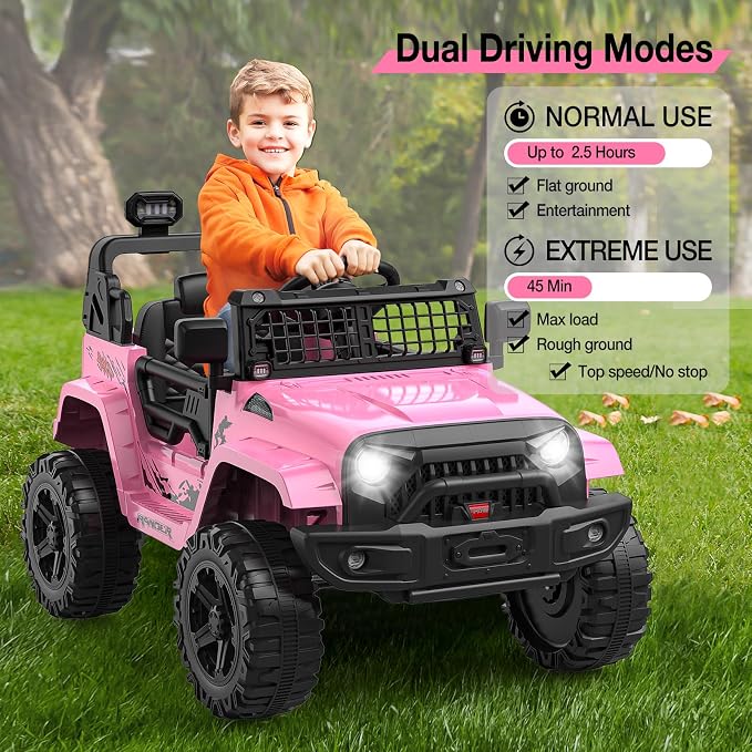 GarveeLife 12V Kids Electric Ride On Truck Car w/Parent Remote Control, Spring Suspension, LED Lights & AUX Port | Outdoor Ride Toy for Boys Girls