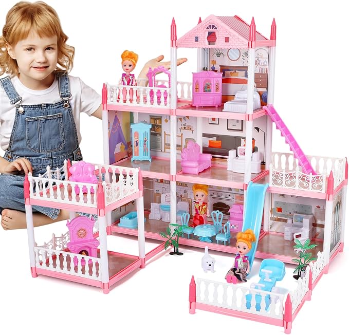 Pink Dollhouse Playset with Lights for Girls 6-12,Dream House with Garden, 3 Dolls 9 Rooms,Pet Dog and Furnitures,Indoor Playset Toys,Great Birthday Gift for Girls.