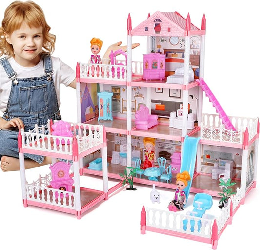 Pink Dollhouse Playset with Lights for Girls 6-12,Dream House with Garden, 3 Dolls 9 Rooms,Pet Dog and Furnitures,Indoor Playset Toys,Great Birthday Gift for Girls.