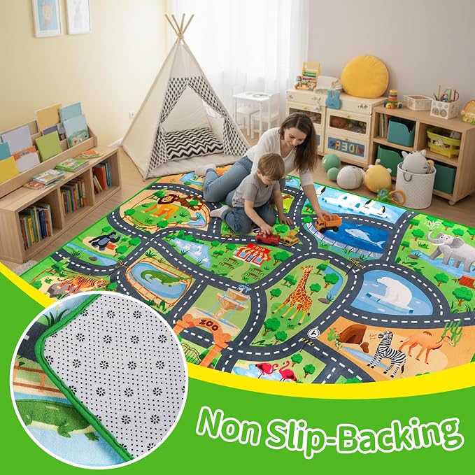 Car Rug Play Mat,4'11" x 6'7" Zoo Park Road Car Mat for Kids,Non-Slip Animal Car Track Rugs for Kids Toy Cars,Educational Kid Road Playmat Rug for Playroom Bedroom Kid Room(for Age 2+)