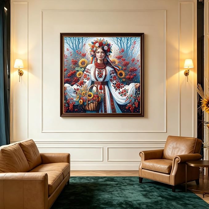 Slavic Woman Diamond Painting Kit for Adults, Traditional Flower Garland 5D Full Round Drill Diamond Art Beginners Canvas for Home Wall Decor, DIY Paint by Diamonds Dot Gem Craft13.8x13.8 Inch