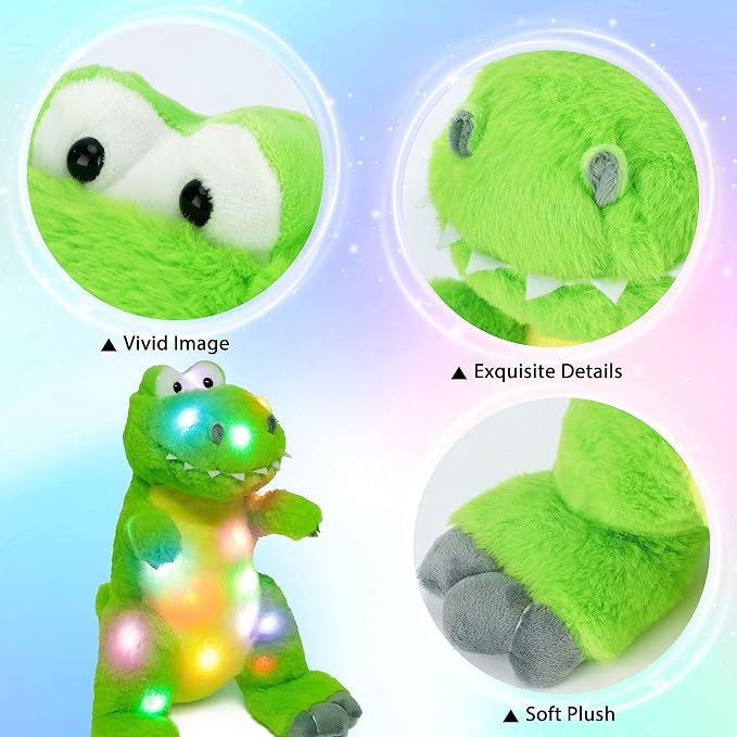 Hopearl LED Plush Dinosaur Lighting Up T-Rex Stuffed Animal Floppy Night Lights Glow in The Dark Birthday Festival for Kids Toddler Girls, Green, 12.5''