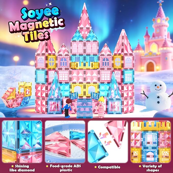 Magnetic Tiles 102pcs with 2 Stairs 2 Dolls Princess Castle Magnetic Building Blocks 3 4 5 6 7 8 9 10 Year Old Girl Birthday Gifts Toys for Girls 3-5 4-6 7-8 8-10 10-12